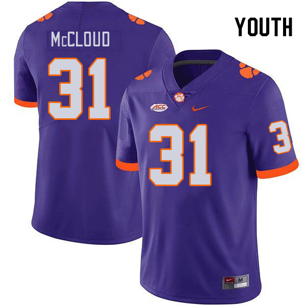 Youth Clemson Tigers Kobe McCloud #31 College Purple NCAA Authentic Football Stitched Jersey 23DG30LK